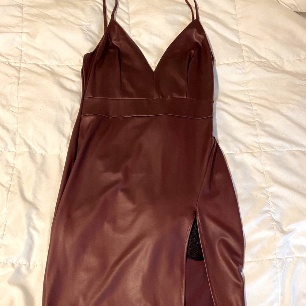 Faux leather midi dress with slit